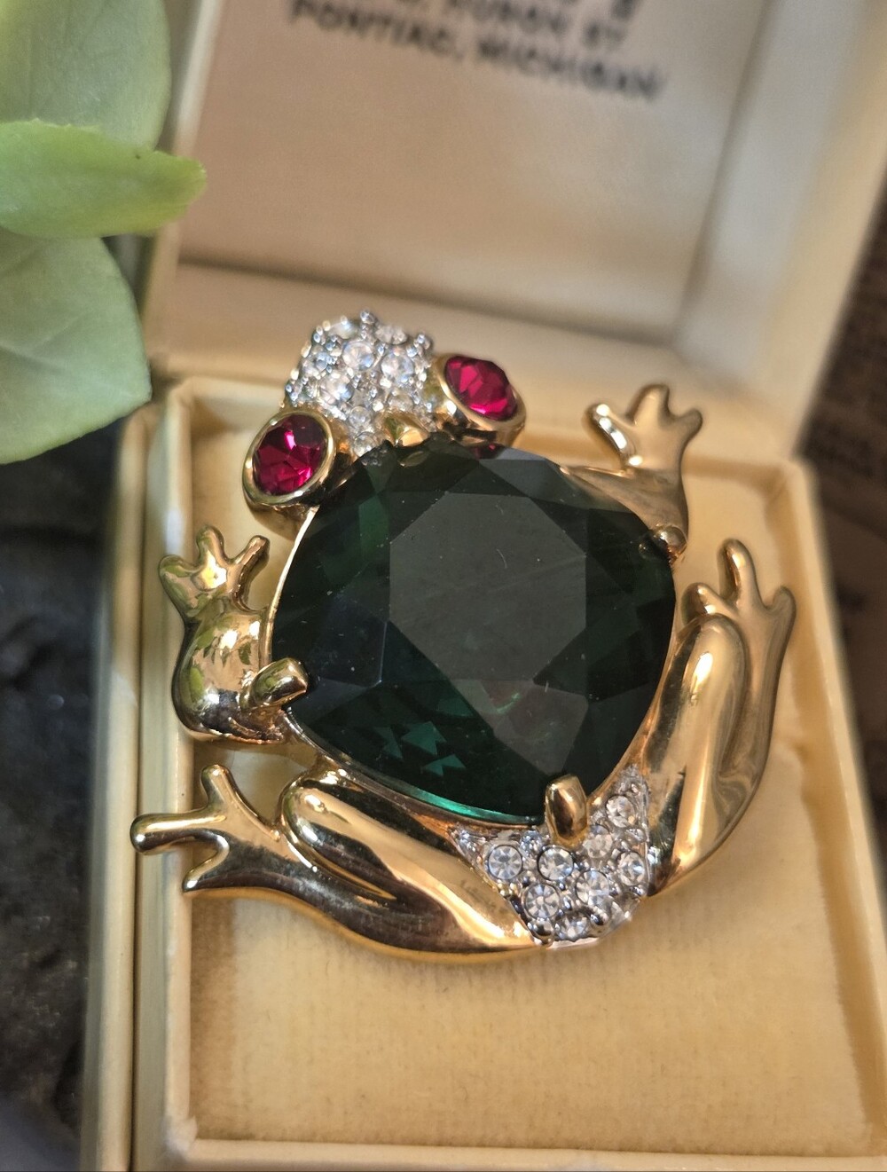Vintage Swarovski Crystal Frog Brooch with Large Emerald Green Crystal Body